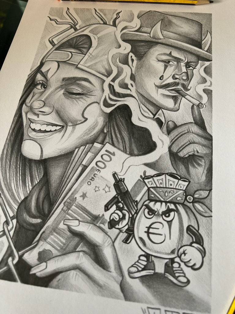Lámina arte chicano black n grey Mr Otaf — billetes de euro y personajes