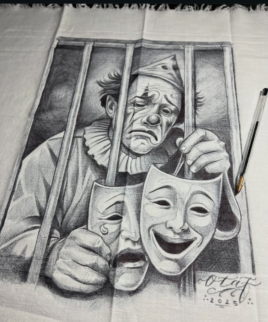 Paño con dibujo chicano laugh now cry later, payaso y máscaras, Mr Otaf